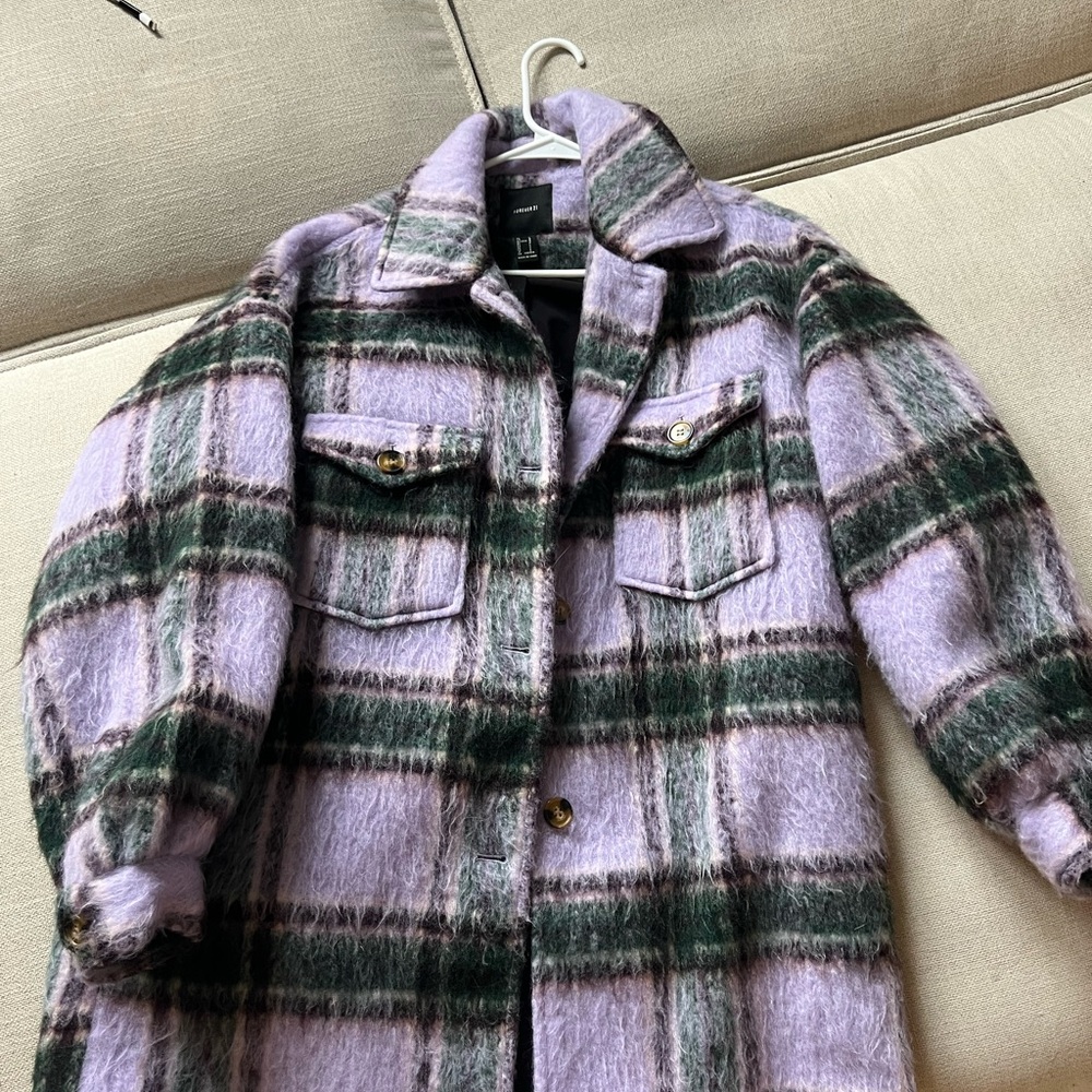 Plaid Wool-Blend Coat in Purple and Green
